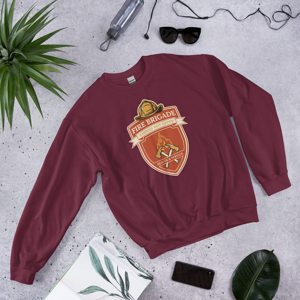 Fire Brigade Earned Not Given retro firefighter shield emblem crewneck sweatshirt — Maroon, front-right