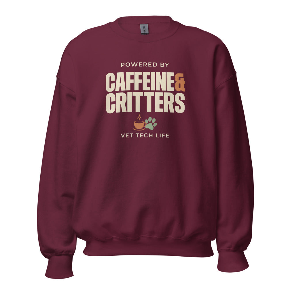 Powered by Caffeine & Critters funny vet tech crewneck sweatshirt — Maroon, front
