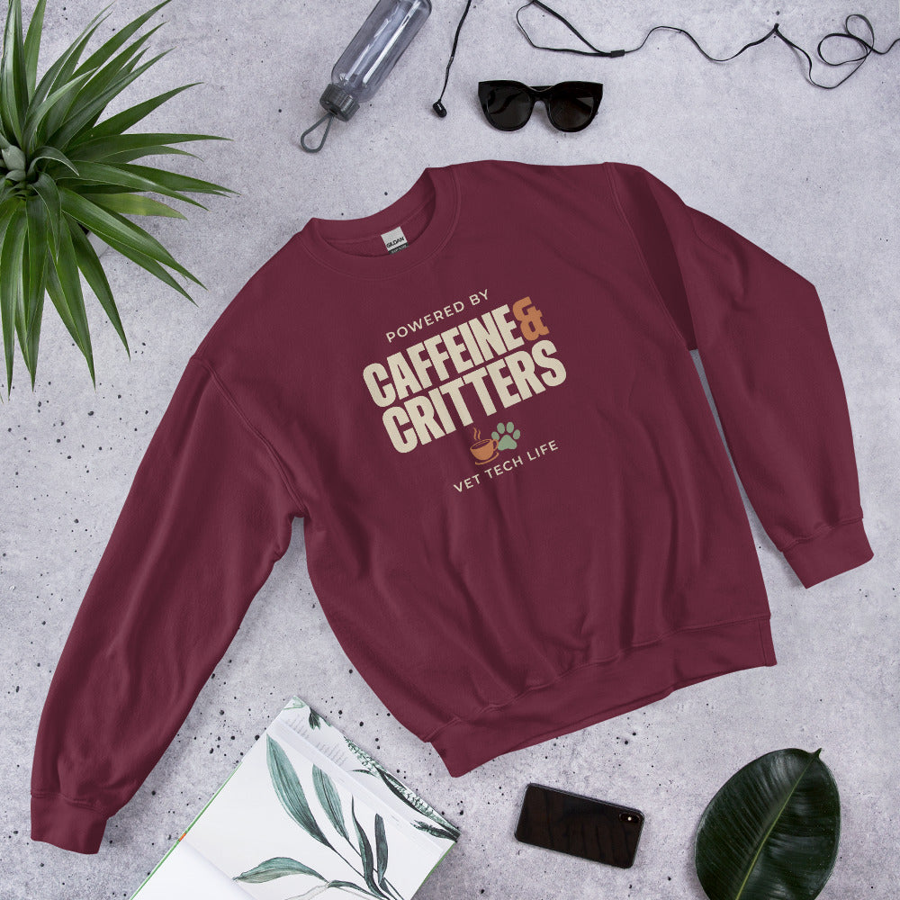 Powered by Caffeine & Critters funny vet tech crewneck sweatshirt — Maroon, front-right