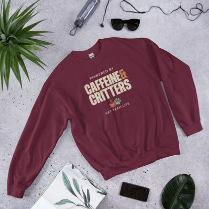 Powered by Caffeine & Critters funny vet tech crewneck sweatshirt — Maroon, front-right