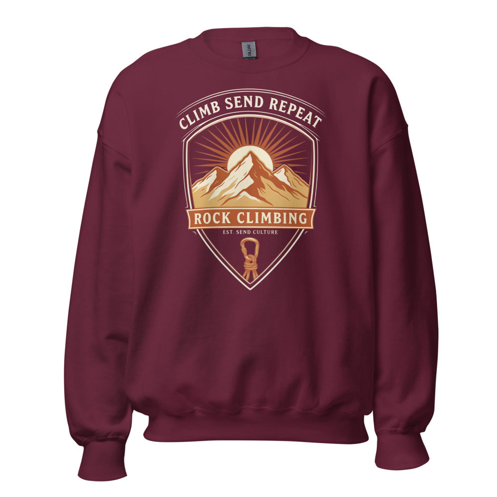 Climb Send Repeat mountaineering crest crewneck sweatshirt — Maroon, front