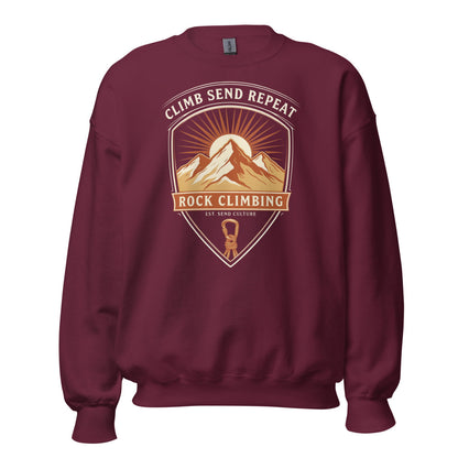 Climb Send Repeat mountaineering crest crewneck sweatshirt — Maroon, front