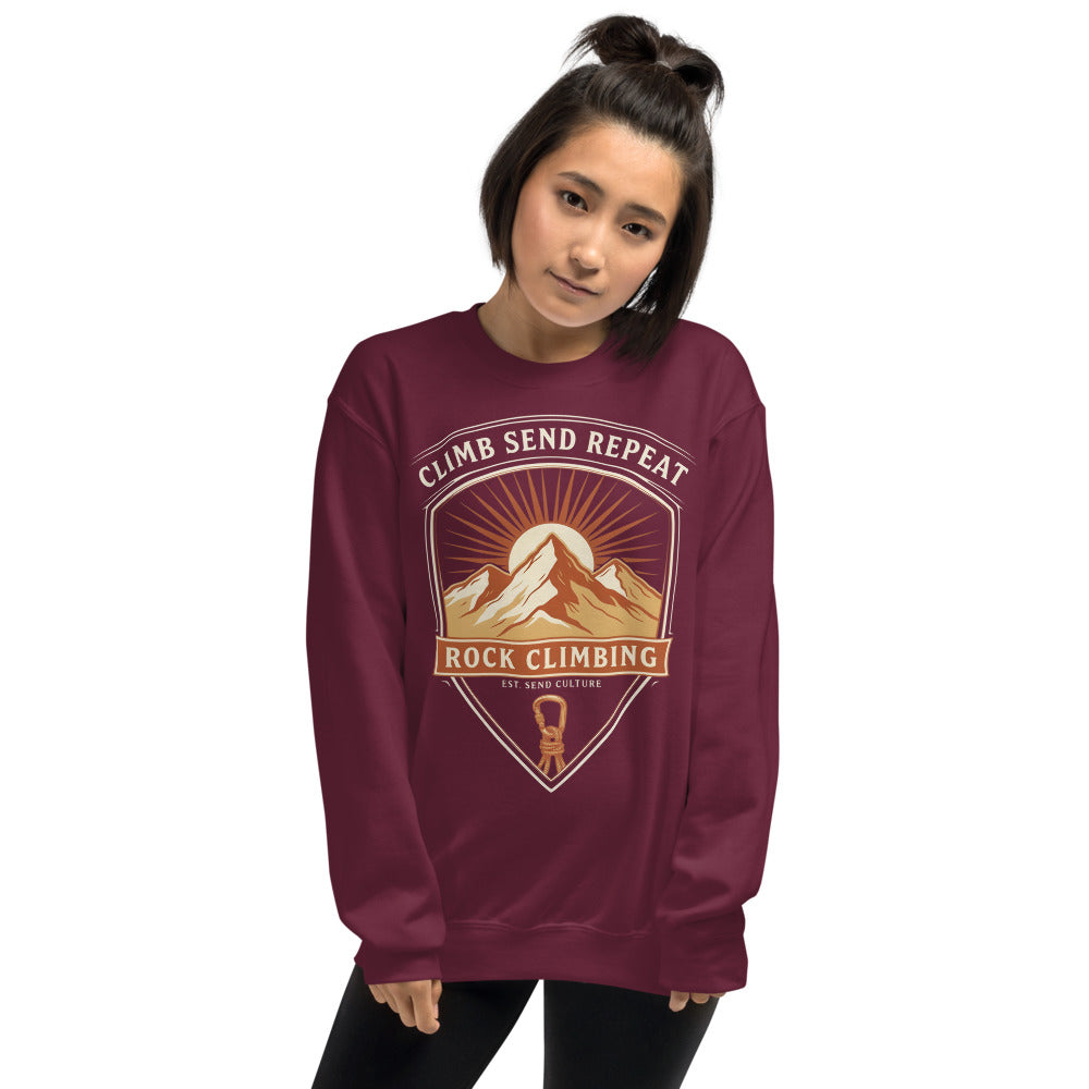 Climb Send Repeat mountaineering crest crewneck sweatshirt — Maroon, on model