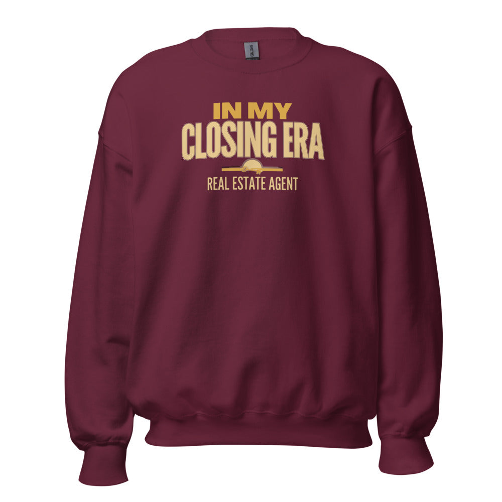 In My Closing Era real estate agent crewneck sweatshirt — Maroon, front