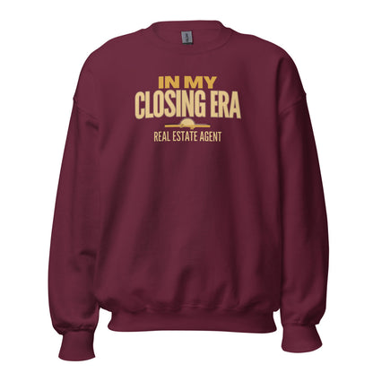 In My Closing Era real estate agent crewneck sweatshirt — Maroon, front