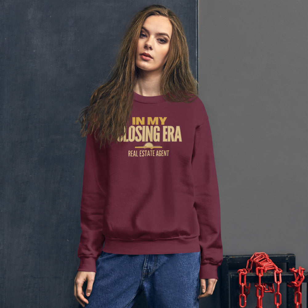 In My Closing Era real estate agent crewneck sweatshirt — Maroon, on model