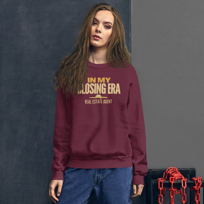 In My Closing Era real estate agent crewneck sweatshirt — Maroon, on model