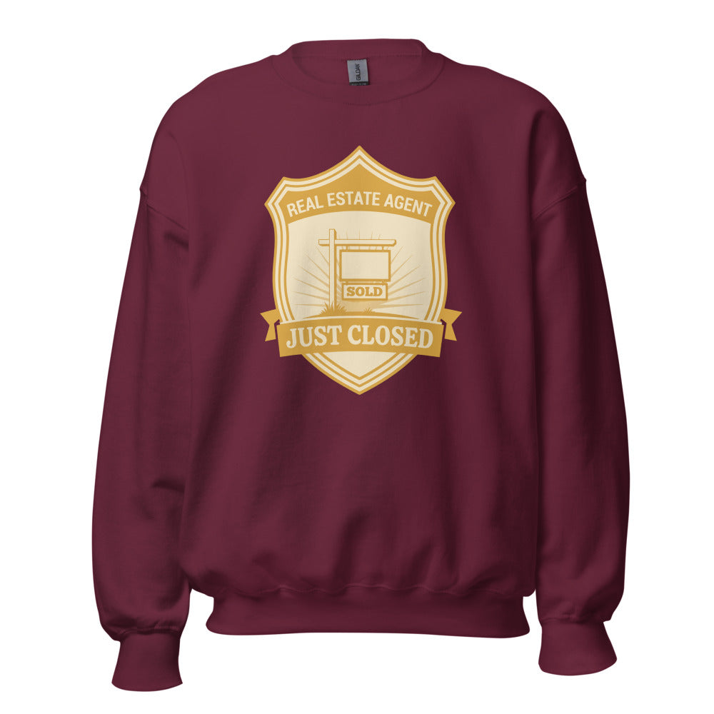 Just Closed real estate agent crewneck sweatshirt — Maroon, front