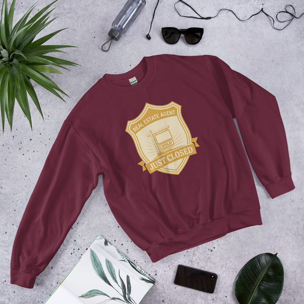 Just Closed real estate agent crewneck sweatshirt — Maroon, front-right