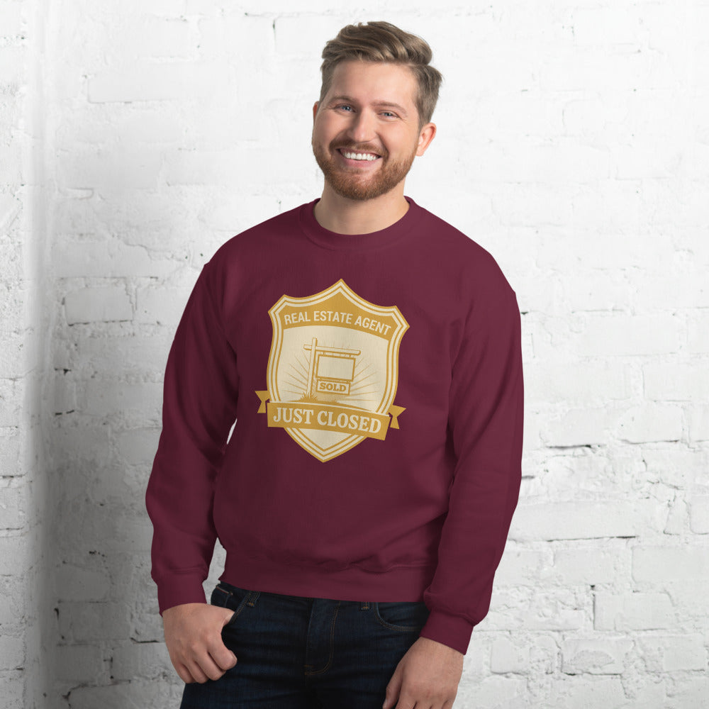 Just Closed real estate agent crewneck sweatshirt — Maroon, on model