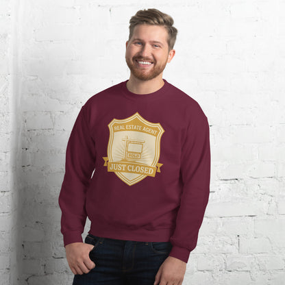 Just Closed real estate agent crewneck sweatshirt — Maroon, on model