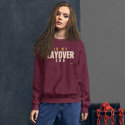 In My Layover Era flight attendant crewneck sweatshirt — Maroon, on model