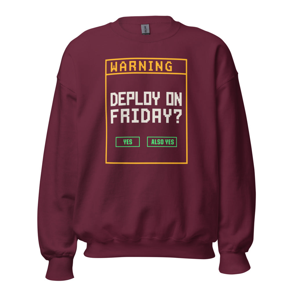 Deploy On Friday programmer crewneck — Maroon, front