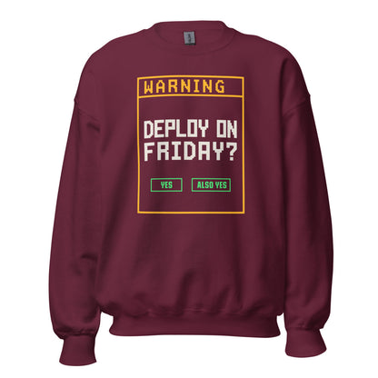 Deploy On Friday programmer crewneck — Maroon, front