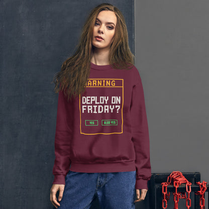 Deploy On Friday programmer crewneck — Maroon, on model