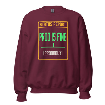 Programmer Sweatshirt, Software Developer Gift, Funny Coder Crewneck — Prod Is Fine (Probably) Retro Terminal Crewneck