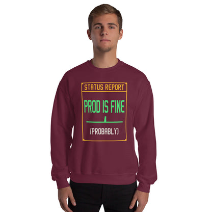 Prod Is Fine programmer crewneck — Maroon, on model