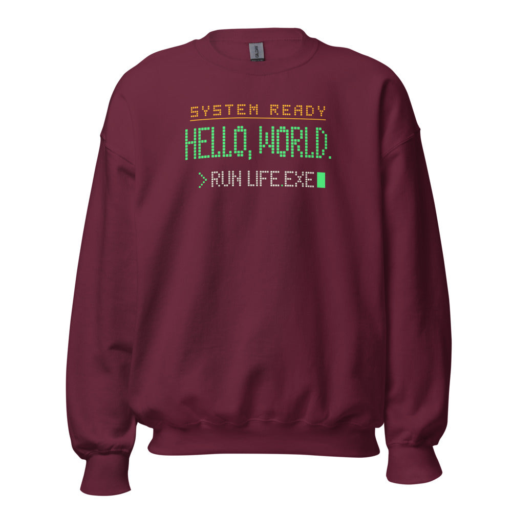 Hello World retro boot screen programmer crewneck sweatshirt — Maroon, front