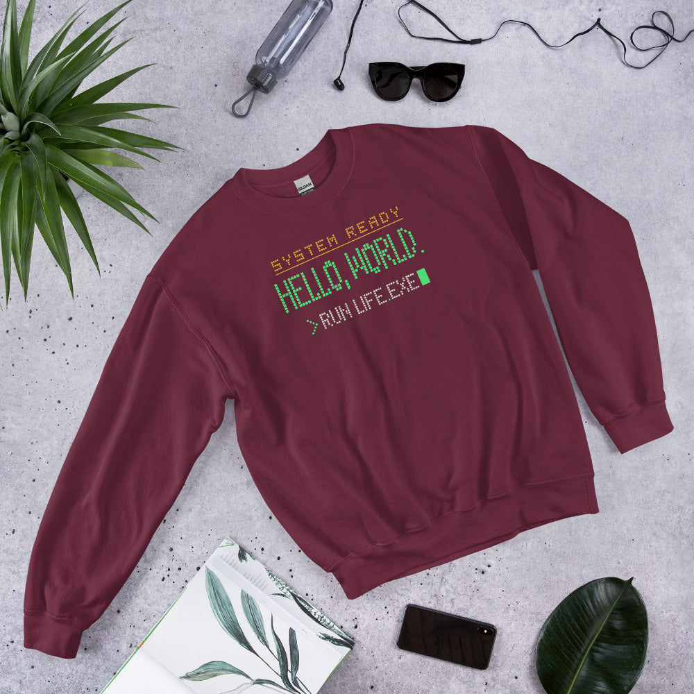 Hello World retro boot screen programmer crewneck sweatshirt — Maroon, front-right