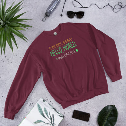 Hello World retro boot screen programmer crewneck sweatshirt — Maroon, front-right