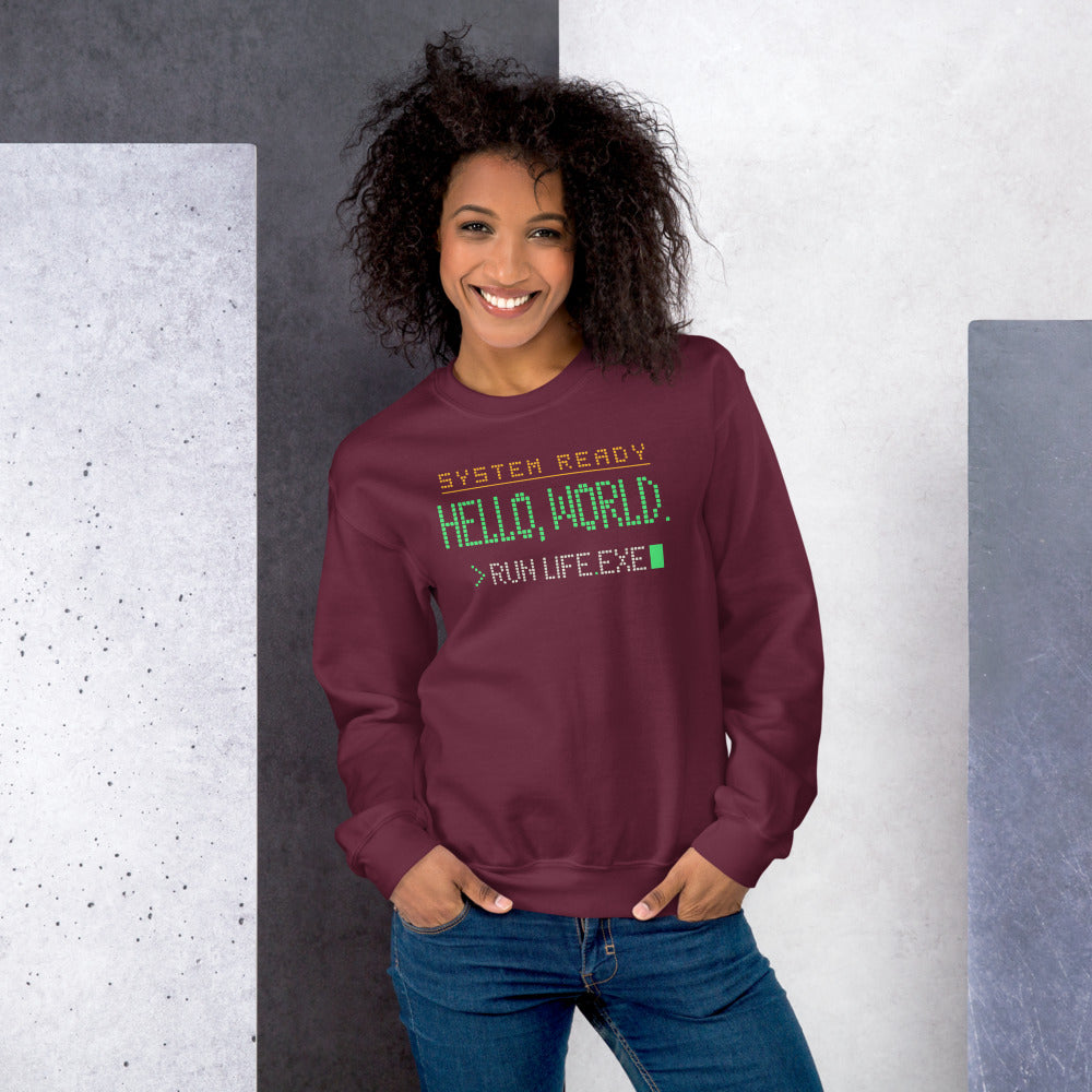 Hello World retro boot screen programmer crewneck sweatshirt — Maroon, on model