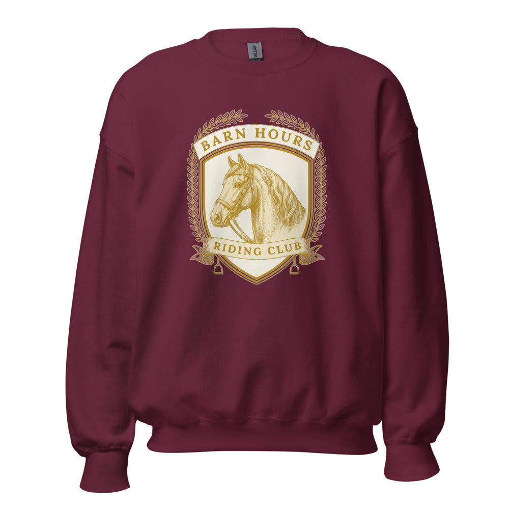 Barn Hours Riding Club vintage equestrian stable crest crewneck sweatshirt — Maroon, front