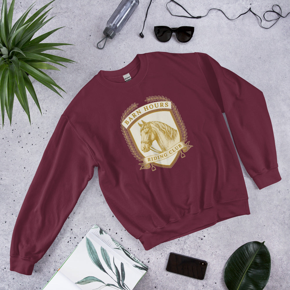 Barn Hours Riding Club vintage equestrian stable crest crewneck sweatshirt — Maroon, front-right