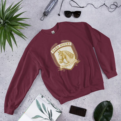 Barn Hours Riding Club vintage equestrian stable crest crewneck sweatshirt — Maroon, front-right