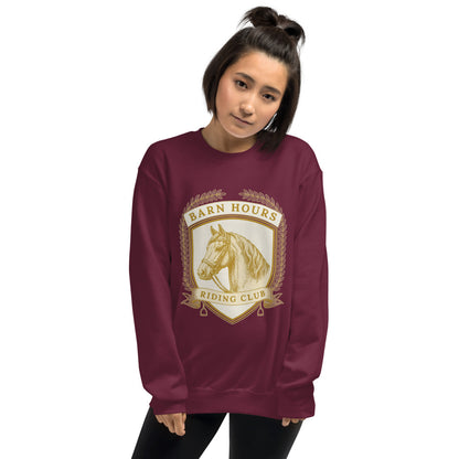 Barn Hours Riding Club vintage equestrian stable crest crewneck sweatshirt — Maroon, on model