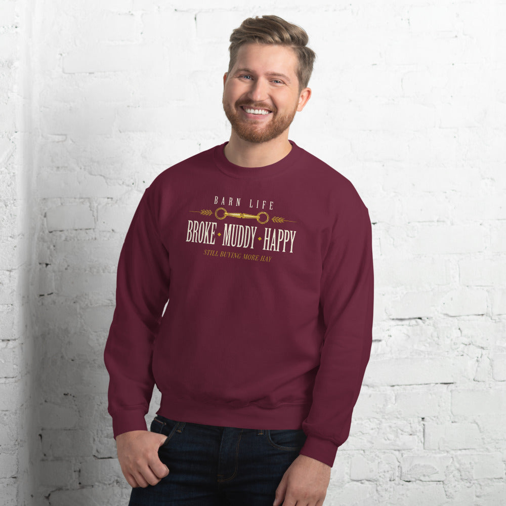 Broke Muddy Happy funny barn life equestrian crewneck sweatshirt — Maroon, on model