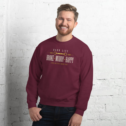 Broke Muddy Happy funny barn life equestrian crewneck sweatshirt — Maroon, on model