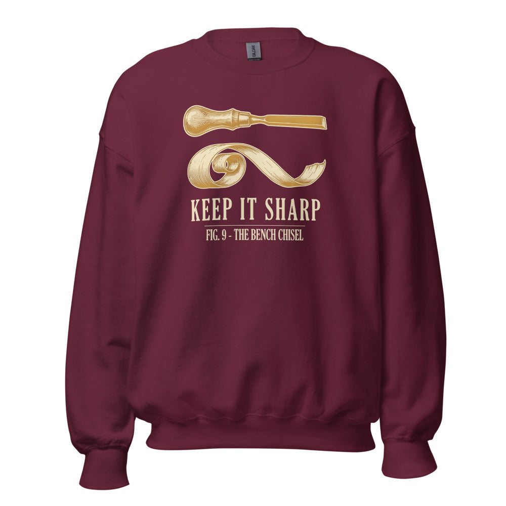 Keep It Sharp woodworking crewneck sweatshirt — Maroon, front