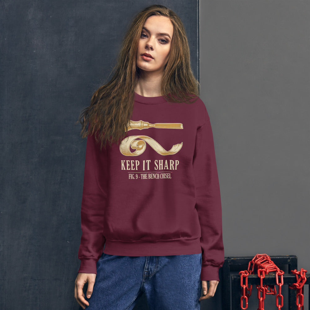 Keep It Sharp woodworking crewneck sweatshirt — Maroon, on model