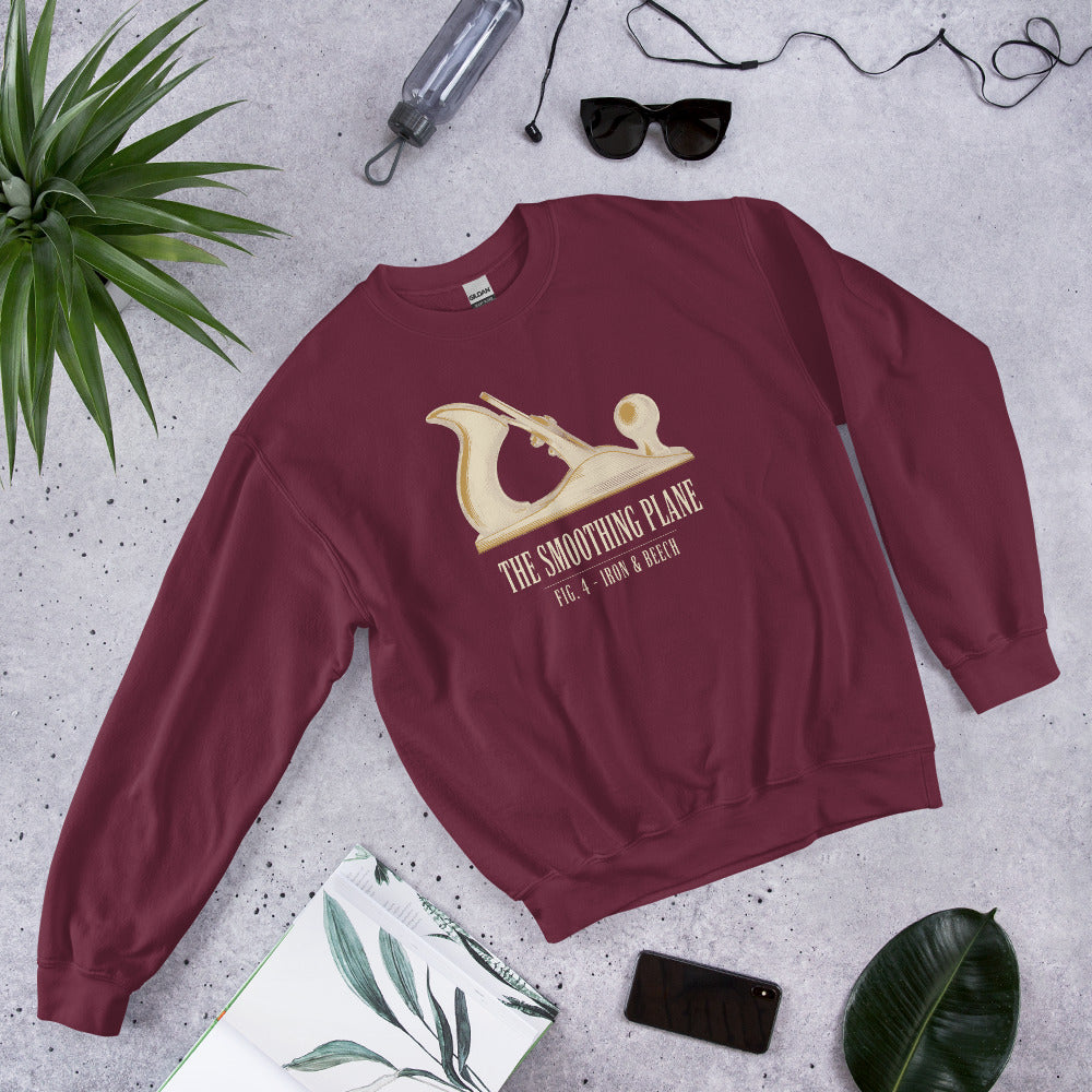 Fig. 4 The Smoothing Plane woodworking crewneck sweatshirt — Maroon, front-right