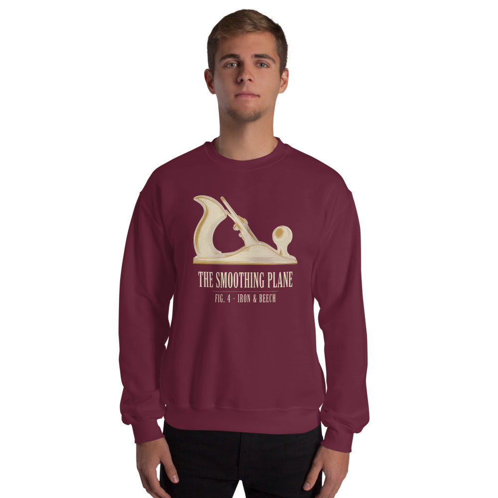 Fig. 4 The Smoothing Plane woodworking crewneck sweatshirt — Maroon, on model