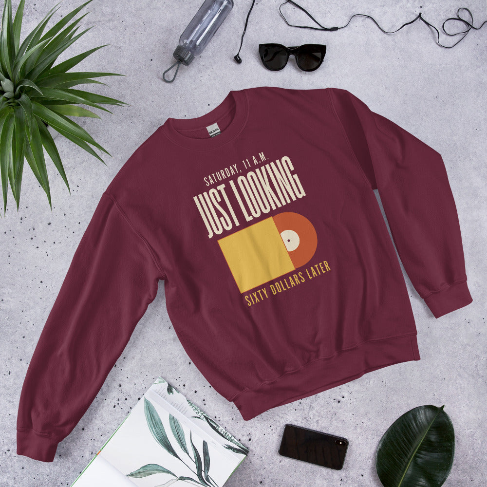 Just Looking Sixty Dollars Later vinyl record crewneck sweatshirt — Maroon, front-right