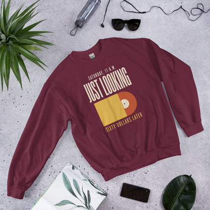 Just Looking Sixty Dollars Later vinyl record crewneck sweatshirt — Maroon, front-right