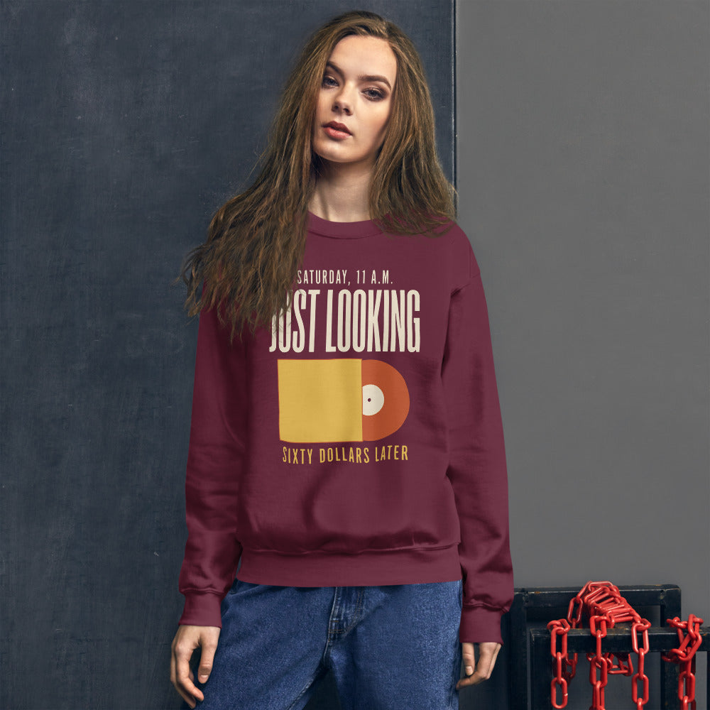Just Looking Sixty Dollars Later vinyl record crewneck sweatshirt — Maroon, on model