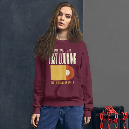Just Looking Sixty Dollars Later vinyl record crewneck sweatshirt — Maroon, on model