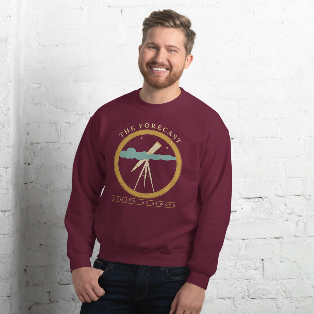 The Forecast Cloudy As Always funny astronomy crewneck sweatshirt — Maroon, on model
