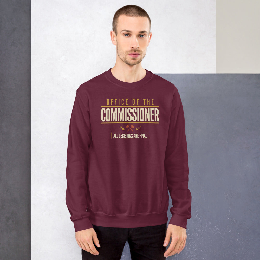 Office of the Commissioner fantasy football draft crewneck sweatshirt — Maroon, on model
