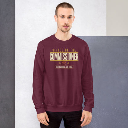 Office of the Commissioner fantasy football draft crewneck sweatshirt — Maroon, on model