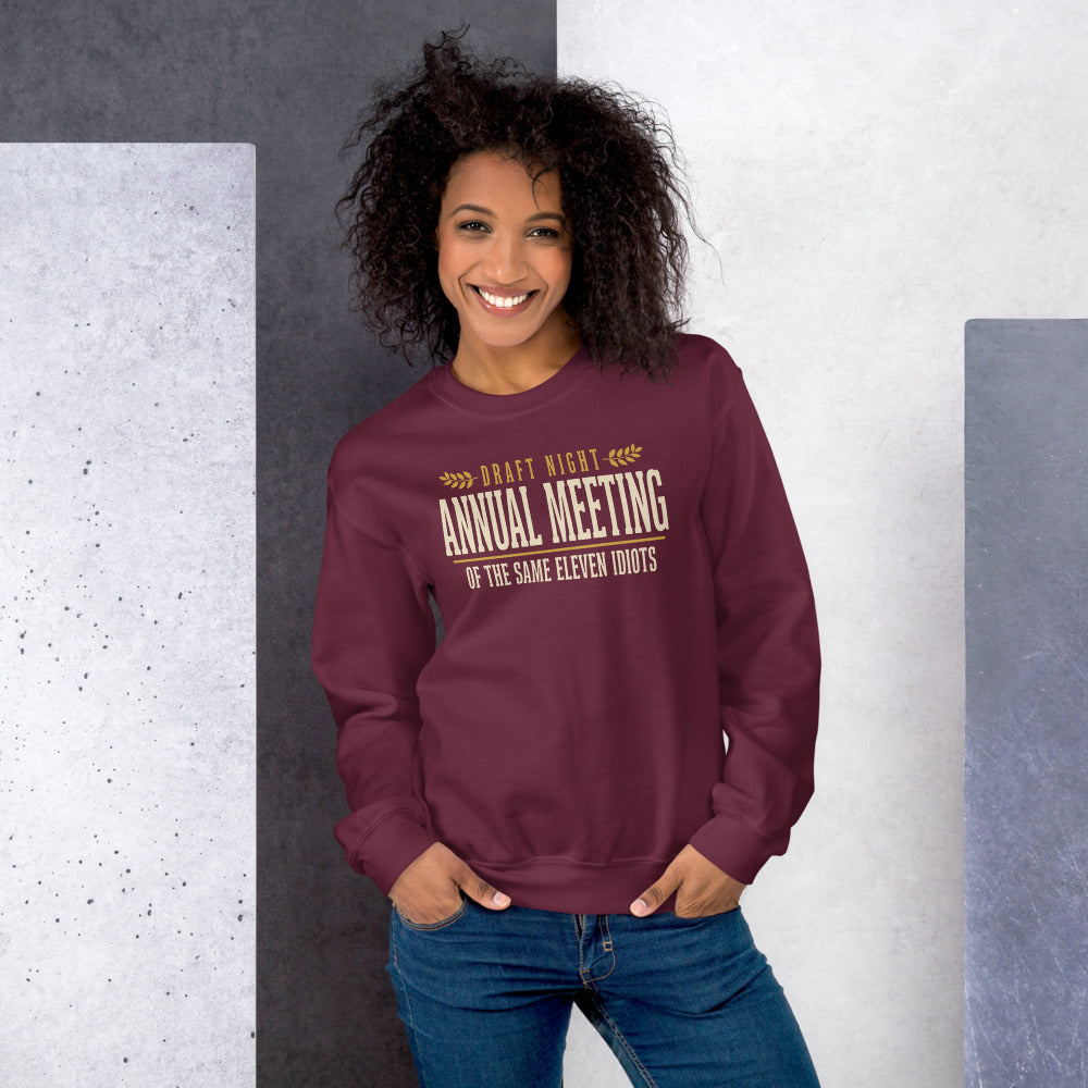 Annual Meeting of the Same Eleven Idiots funny fantasy football draft crewneck sweatshirt — Maroon, on model