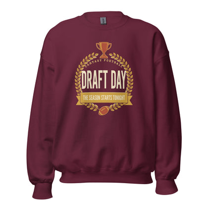 Draft Day Almanac vintage fantasy football champion crewneck sweatshirt — Maroon, front