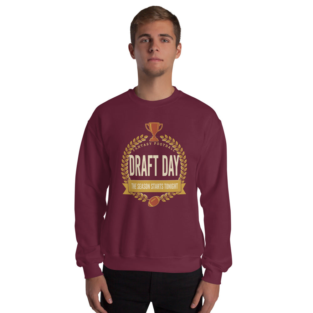 Draft Day Almanac vintage fantasy football champion crewneck sweatshirt — Maroon, on model
