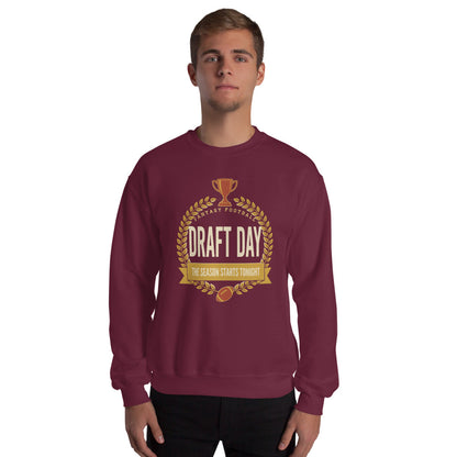 Draft Day Almanac vintage fantasy football champion crewneck sweatshirt — Maroon, on model