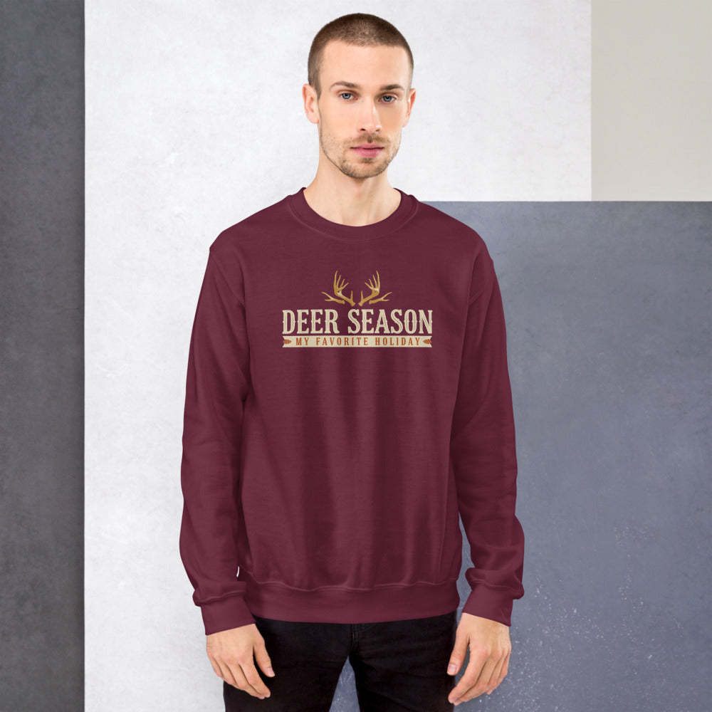 Deer Season My Favorite Holiday deer hunting crewneck sweatshirt — Maroon, on model