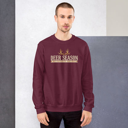 Deer Season My Favorite Holiday deer hunting crewneck sweatshirt — Maroon, on model
