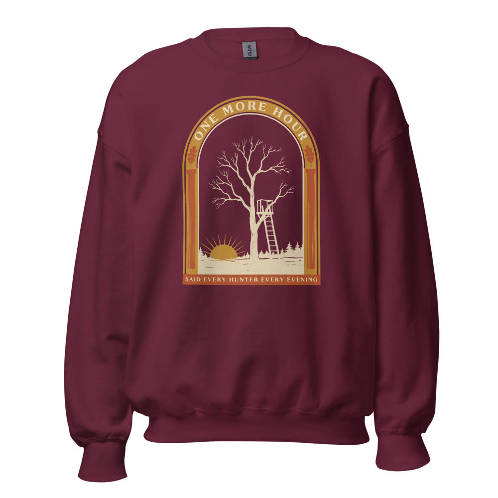 One More Hour funny deer hunting crewneck — Maroon, front