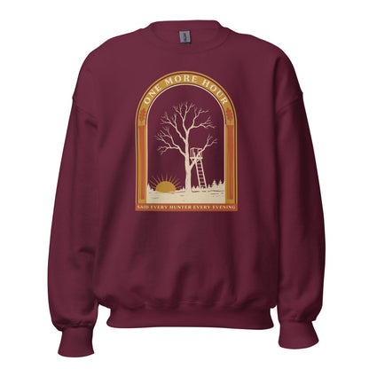One More Hour funny deer hunting crewneck — Maroon, front